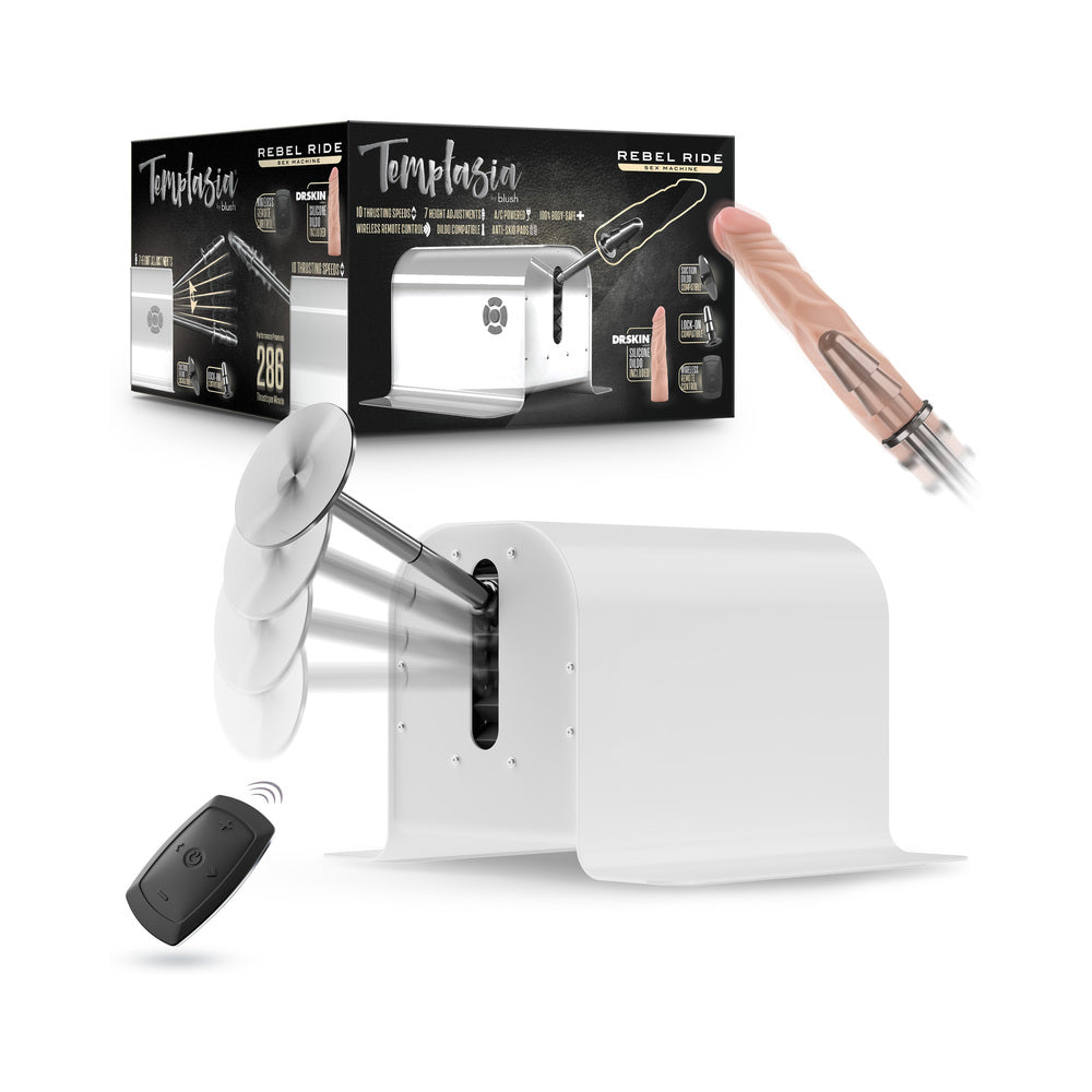 Temptasia Rebel Ride Sex Machine with remote control and thrusting attachments in packaging.