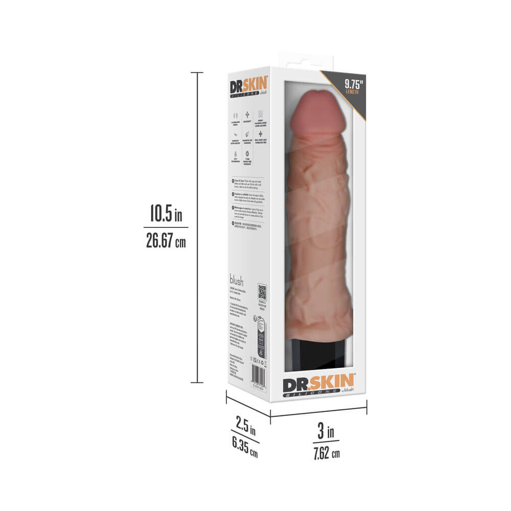 Dr Skin Silicone Dr Webber Vibrating Dildo packaging dimensions 10.5 in x 2.5 in x 3 in.