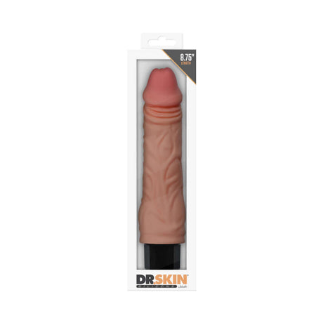 Dr Skin Silicone Dr Hunt Vibrating Dildo in packaging, highlighting its size and realistic design.