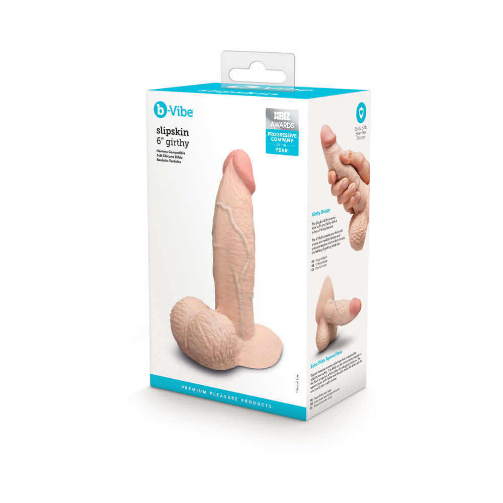 b-Vibe Slipskin Realistic Silicone Dildo 6 inch Girthy Cream packaging with detailed design and features overview.
