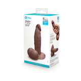 b-Vibe Slipskin Realistic Silicone Dildo 6 inch Girthy Brown packaging with product details and hand demonstration.