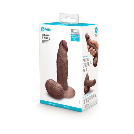 b-Vibe Slipskin Realistic Silicone Dildo 6 inch Girthy Brown packaging with product details and hand demonstration.
