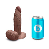 b-Vibe Slipskin Realistic Silicone Dildo 6 inch Girthy Brown next to a blue can for scale