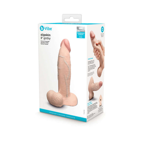 b-Vibe Slipskin Realistic Silicone Dildo 8 inch Girthy Cream packaging with product displayed