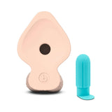 b-Vibe Slipskin Realistic Silicone Dildo 8 inch Girthy Cream with a blue attachment for enhanced pleasure.