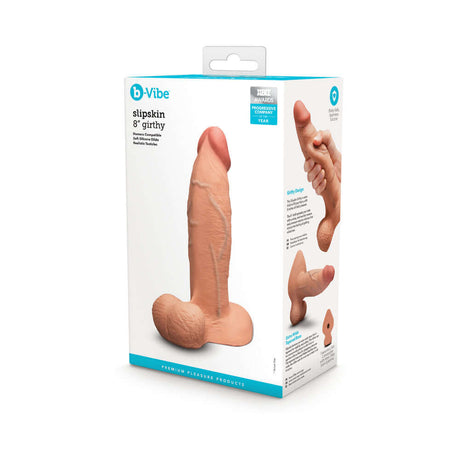 b-Vibe Slipskin Realistic Silicone Dildo 8 inch Girthy Mocha in packaging showcasing its lifelike design and details.