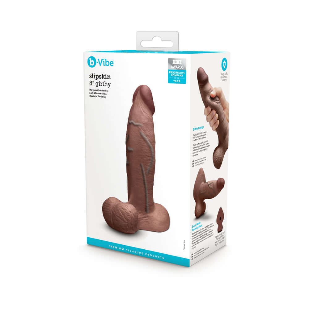 b-Vibe Slipskin Realistic Silicone Dildo 8 inch Girthy Brown packaging and product details.
