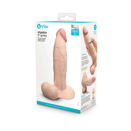 b-Vibe Slipskin Realistic Silicone Dildo 9 inch Girthy Cream packaging with lifelike design and detail.