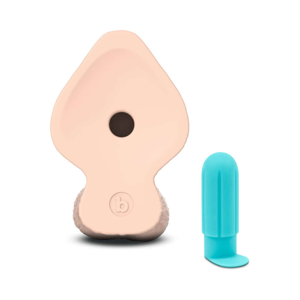 b-Vibe Slipskin Realistic Silicone Dildo 9 inch Girthy Cream with a blue accessory beside it.