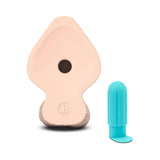 b-Vibe Slipskin Realistic Silicone Dildo 9 inch Girthy Cream with a blue accessory beside it.