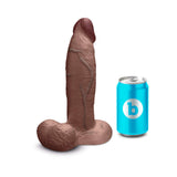 b-Vibe Slipskin Realistic Silicone Dildo 9 inch Girthy Brown next to a blue can for size reference.