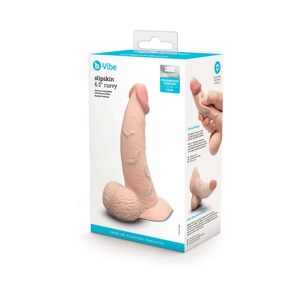 b-Vibe Slipskin Realistic Silicone Dildo 6.5 inch Curved Cream packaging with detailed features and design.