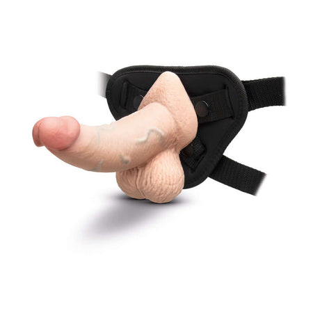 b-Vibe Slipskin Realistic Silicone Dildo 6.5 inch Curved Cream on harness with realistic design.