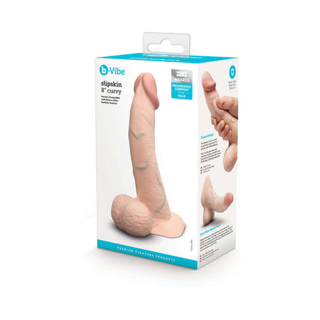b-Vibe Slipskin Realistic Silicone Dildo 8 inch Curved Cream packaging showcasing its lifelike design and features.