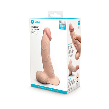 b-Vibe Slipskin Realistic Silicone Dildo 9 inch Curved Cream product packaging with realistic details.