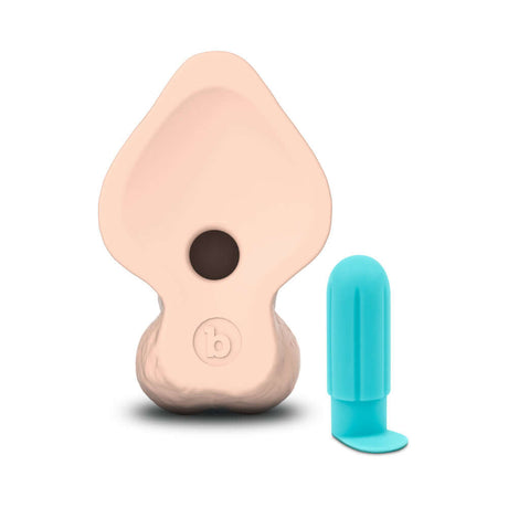 b-Vibe Slipskin Realistic Silicone Dildo 9 inch Curved Cream displayed alongside a blue vibrating bullet.