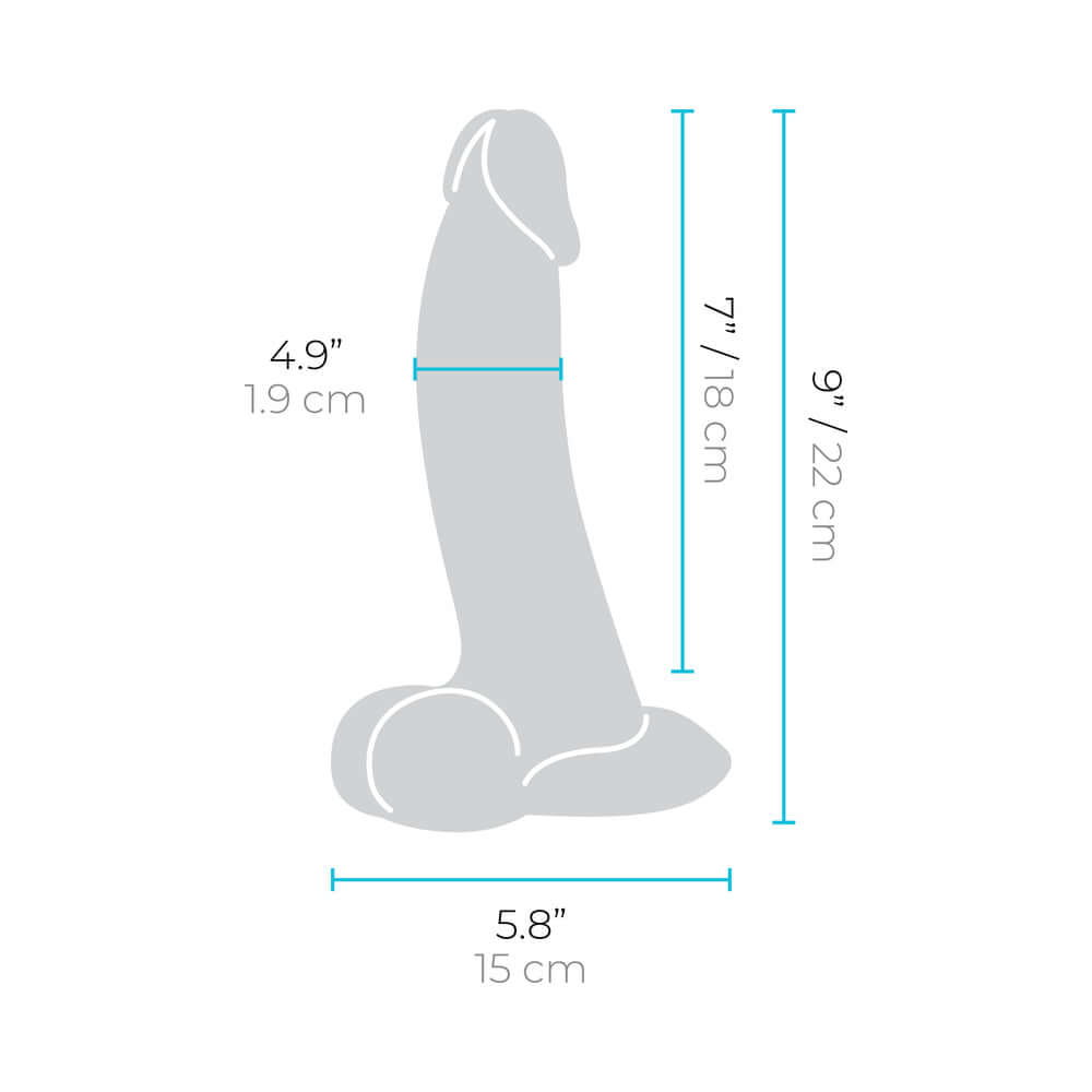b-Vibe Slipskin Realistic Silicone Dildo 9 inch Curved Cream dimensions with height, width, and depth specifications