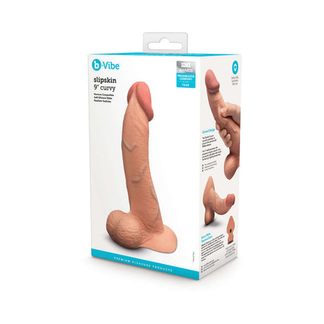 b-Vibe Slipskin Realistic Silicone Dildo 9 inch Curved Mocha packaging showing the product features and design.
