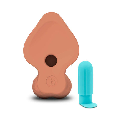 b-Vibe Slipskin Realistic Silicone Dildo 9 inch Curved Mocha next to a turquoise vibe.