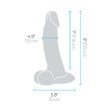 Dimensions of b-Vibe Slipskin Realistic Silicone Dildo 9 inch Curved Mocha showing height, width, and length.