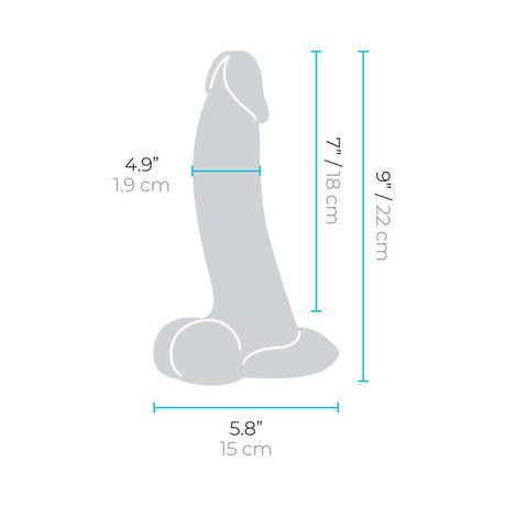 Dimensions of b-Vibe Slipskin Realistic Silicone Dildo 9 inch Curved Mocha showing height, width, and length.