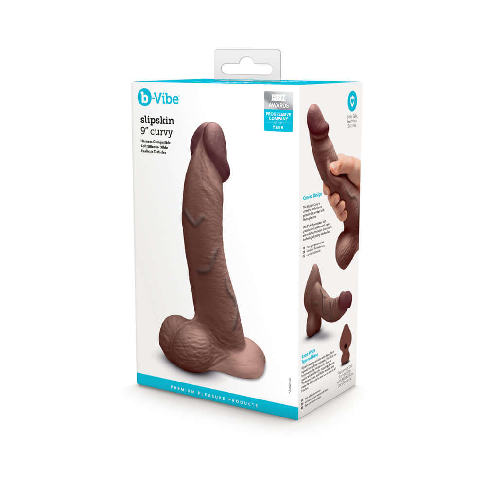 b-Vibe Slipskin Realistic Silicone Dildo 9 inch Curved Brown packaging showing curvy design and lifelike details.