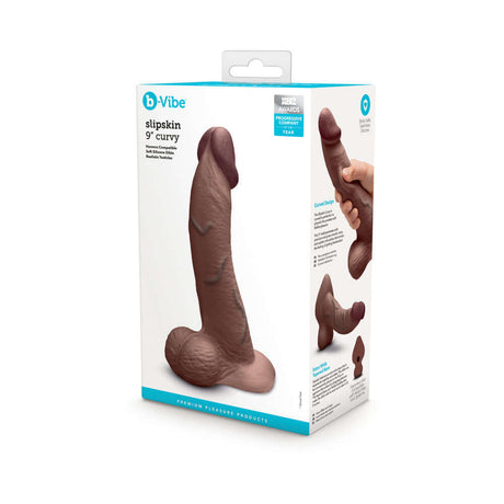 b-Vibe Slipskin Realistic Silicone Dildo 9 inch Curved Brown packaging showing curvy design and lifelike details.
