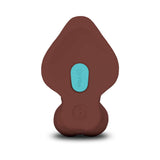 b-Vibe Slipskin Realistic Silicone Dildo 9 inch Curved Brown bottom view with control button in turquoise.