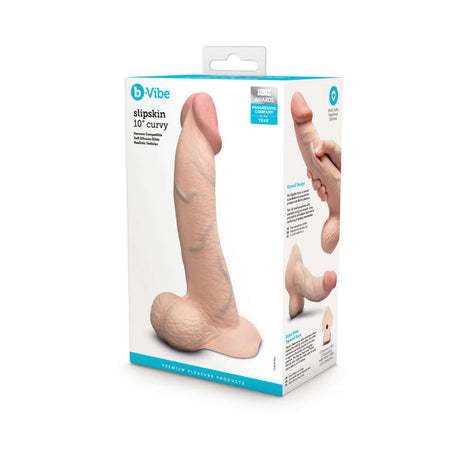 b-Vibe Slipskin Realistic Silicone Dildo 10 inch Curved Cream packaging with detailed design and features.
