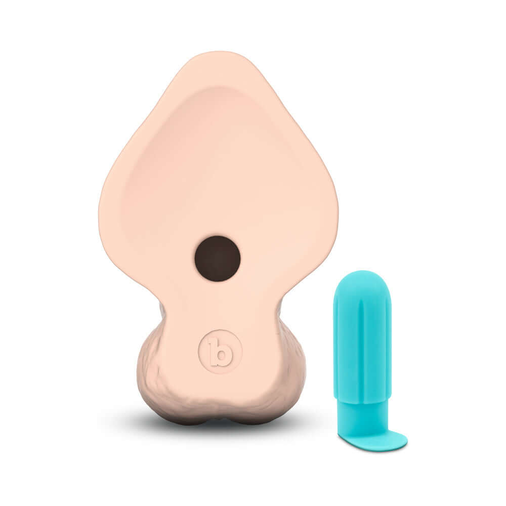 b-Vibe Slipskin Realistic Silicone Dildo 10 inch Curved Cream with a uniquely designed structure and a small blue accessory.