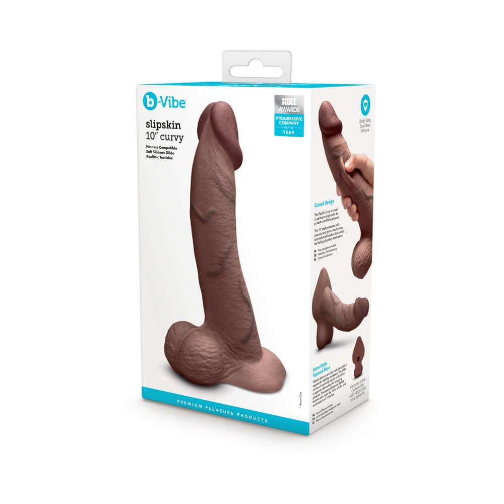 b-Vibe Slipskin Realistic Silicone Dildo 10 inch Curved Brown packaging showcasing the realistic silicone dildo.