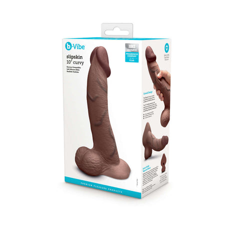 b-Vibe Slipskin Realistic Silicone Dildo 10 inch Curved Brown packaging showcasing the realistic silicone dildo.