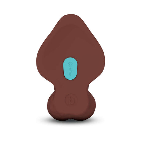 b-Vibe Slipskin Realistic Silicone Dildo 10 inch Curved Brown bottom view showing silicone texture and button.