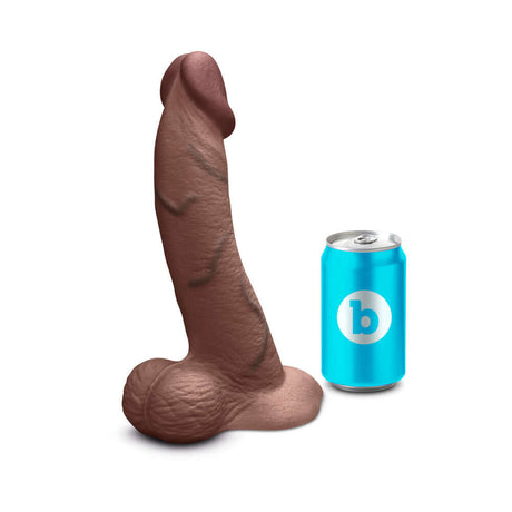 b-Vibe Slipskin Realistic Silicone Dildo 10 inch Curved Brown next to a blue can for size comparison