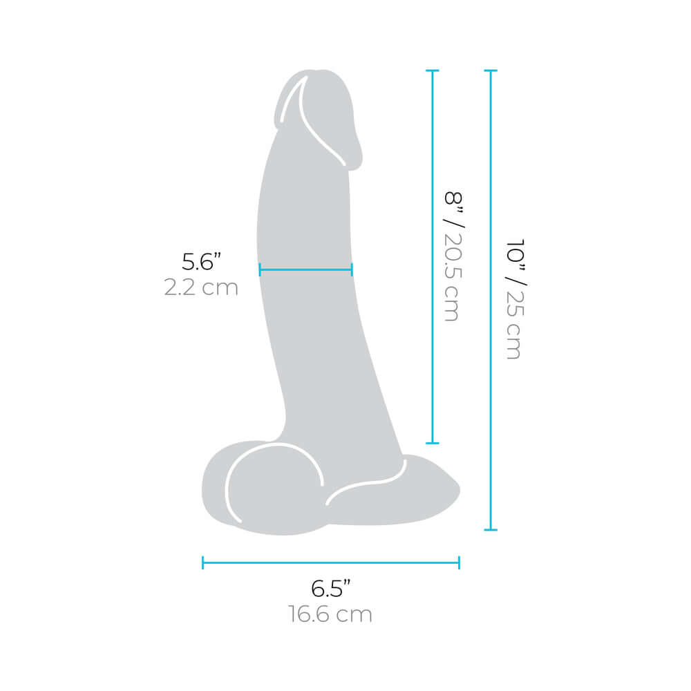 Dimensions of b-Vibe Slipskin Realistic Silicone Dildo 10 inch Curved Brown, showing height of 10 inches and girth measurements.