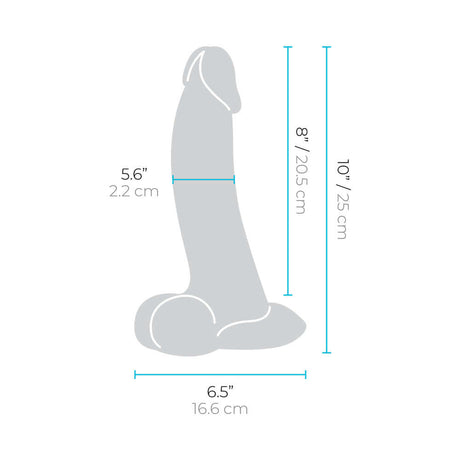 Dimensions of b-Vibe Slipskin Realistic Silicone Dildo 10 inch Curved Brown, showing height of 10 inches and girth measurements.
