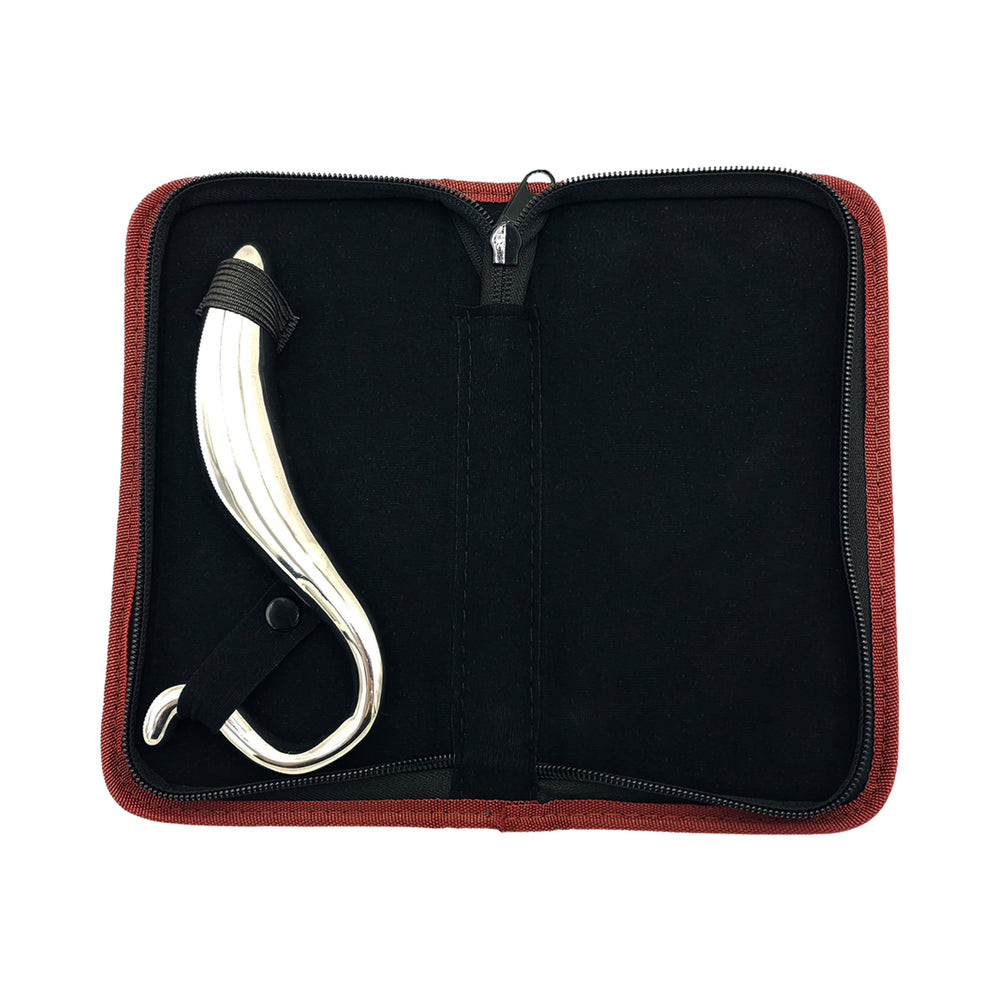 Rouge Stainless Steel Hollow Curved Wand In Case displayed in a zippered case, showcasing its sleek design and smooth finish.