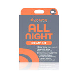 Dynamo Wellness All Night Intimacy Kit including delay spray, C-ring, lube foils, intimate wipes, and delay wipes.