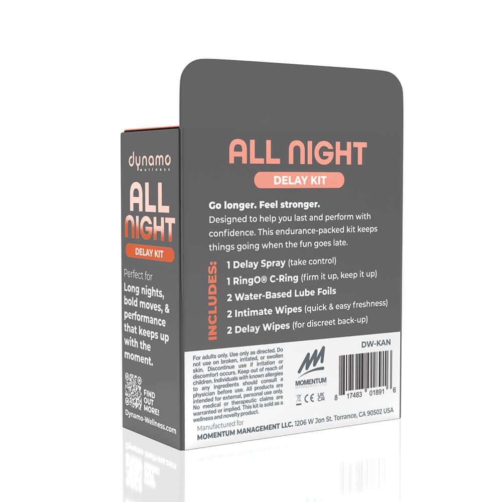 Dynamo Wellness All Night Intimacy Kit packaging showcasing delay spray and intimate wipes for enhanced endurance.
