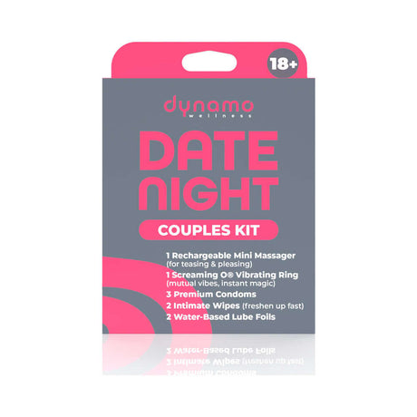 Dynamo Wellness Date Night Intimacy Kit including a mini massager, vibrating ring, condoms, wipes, and lube foils.