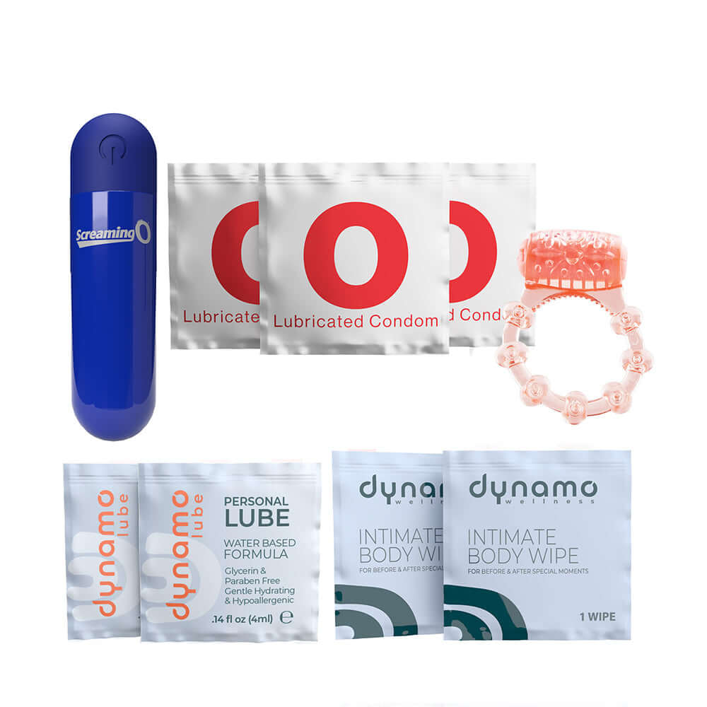 Dynamo Wellness Date Night Intimacy Kit including lube, condoms, and body wipes for a romantic experience.
