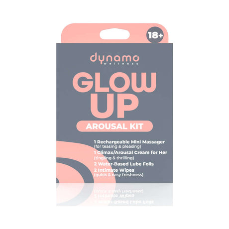 Dynamo Wellness Glow Up Intimacy Kit packaging featuring mini massager, arousal cream, lube foils, and intimate wipes.