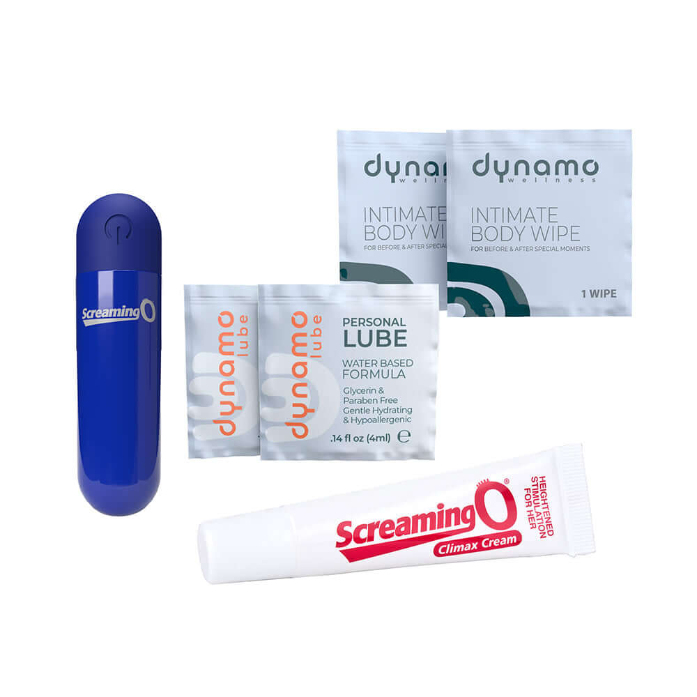 Dynamo Wellness Glow Up Intimacy Kit with personal lube, intimate body wipe, and climax cream for enhanced pleasure.