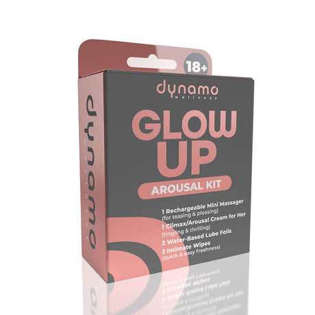 Dynamo Wellness Glow Up Intimacy Kit, including a mini massager, arousal cream, water-based lube foils, and intimate wipes.
