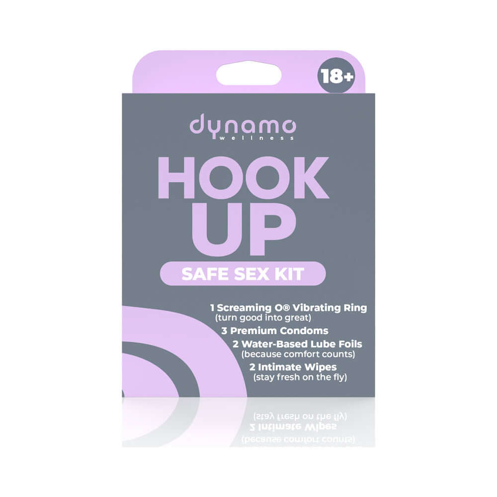 Dynamo Wellness Hook Up Intimacy Kit packaging with essentials for safe sex, including a vibrating ring and condoms.
