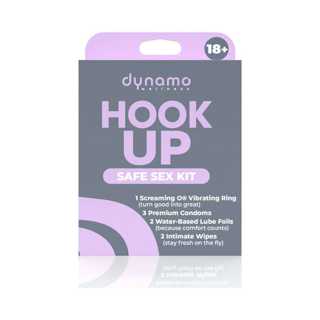 Dynamo Wellness Hook Up Intimacy Kit packaging with essentials for safe sex, including a vibrating ring and condoms.