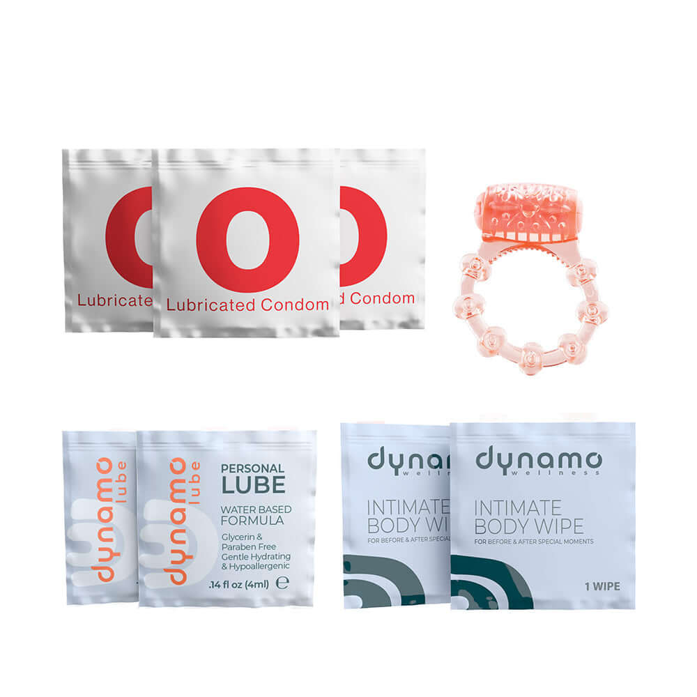 Dynamo Wellness Hook Up Intimacy Kit includes condoms, personal lube, and intimate body wipes for safe intimate moments.
