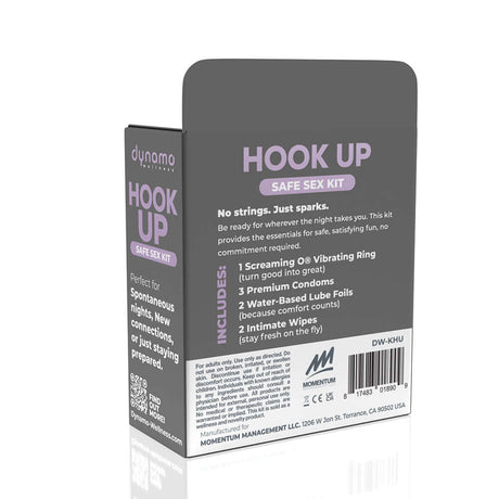 Dynamo Wellness Hook Up Intimacy Kit packaging featuring safe sex essentials for spontaneous moments.