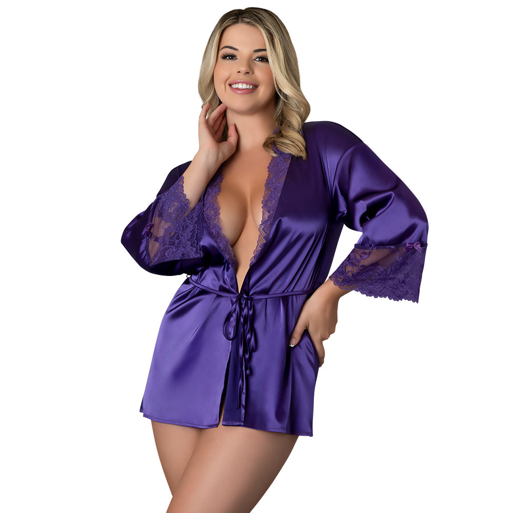 Woman modeling the Magic Silk Satin Petals Robe Purple Queen Size with lace details and a tie closure.