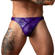 Male Power Eggplant Crossover Thong Plum L XL featuring seductive glossy wet-look finish on model.